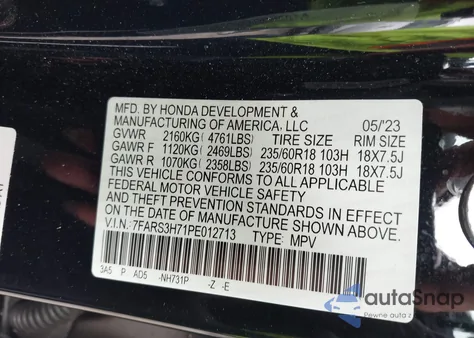 2023 Honda Cr-V Ex-L 2Wd from USA, damaged, VIN 7FARS3H71PE012713